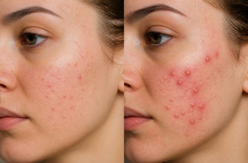 Close-up of a young adult's face showing clear skin on one side and acne on the other, highlighting differences between fungal and bacterial acne.