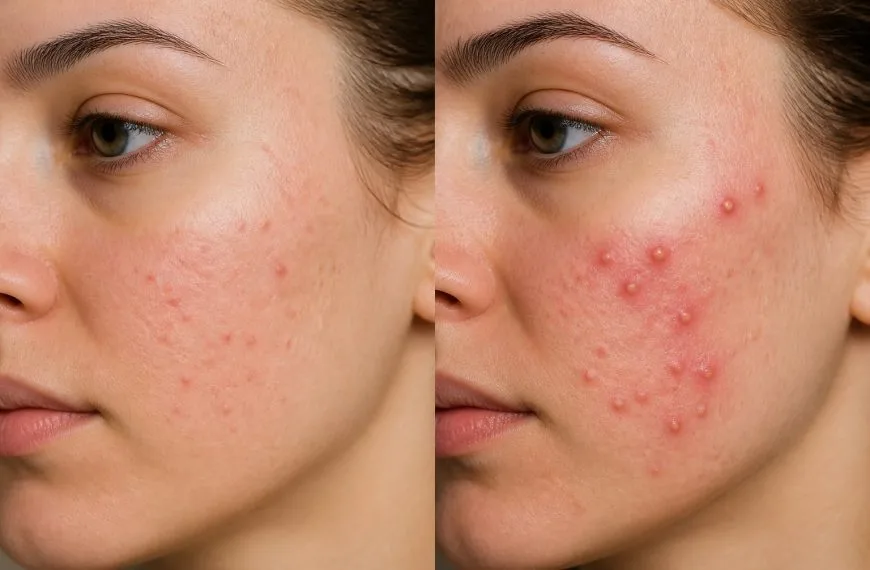 Close-up of a young adult's face showing clear skin on one side and acne on the other, highlighting differences between fungal and bacterial acne.