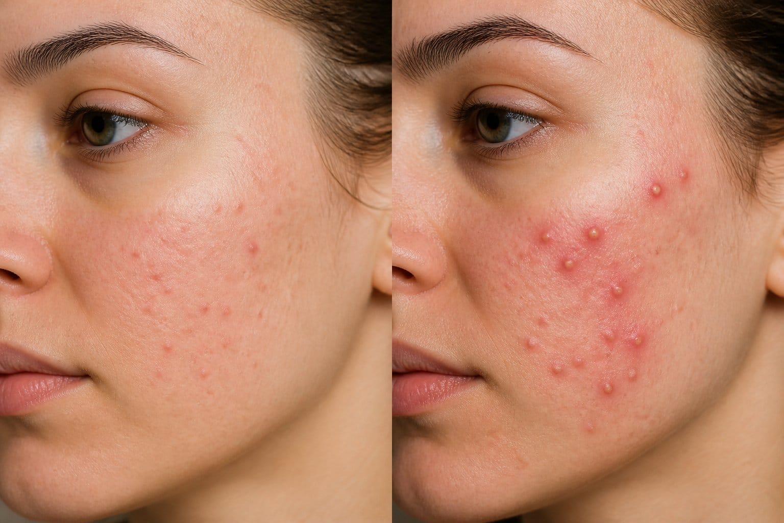 Close-up of a young adult's face showing clear skin on one side and acne on the other, highlighting differences between fungal and bacterial acne.