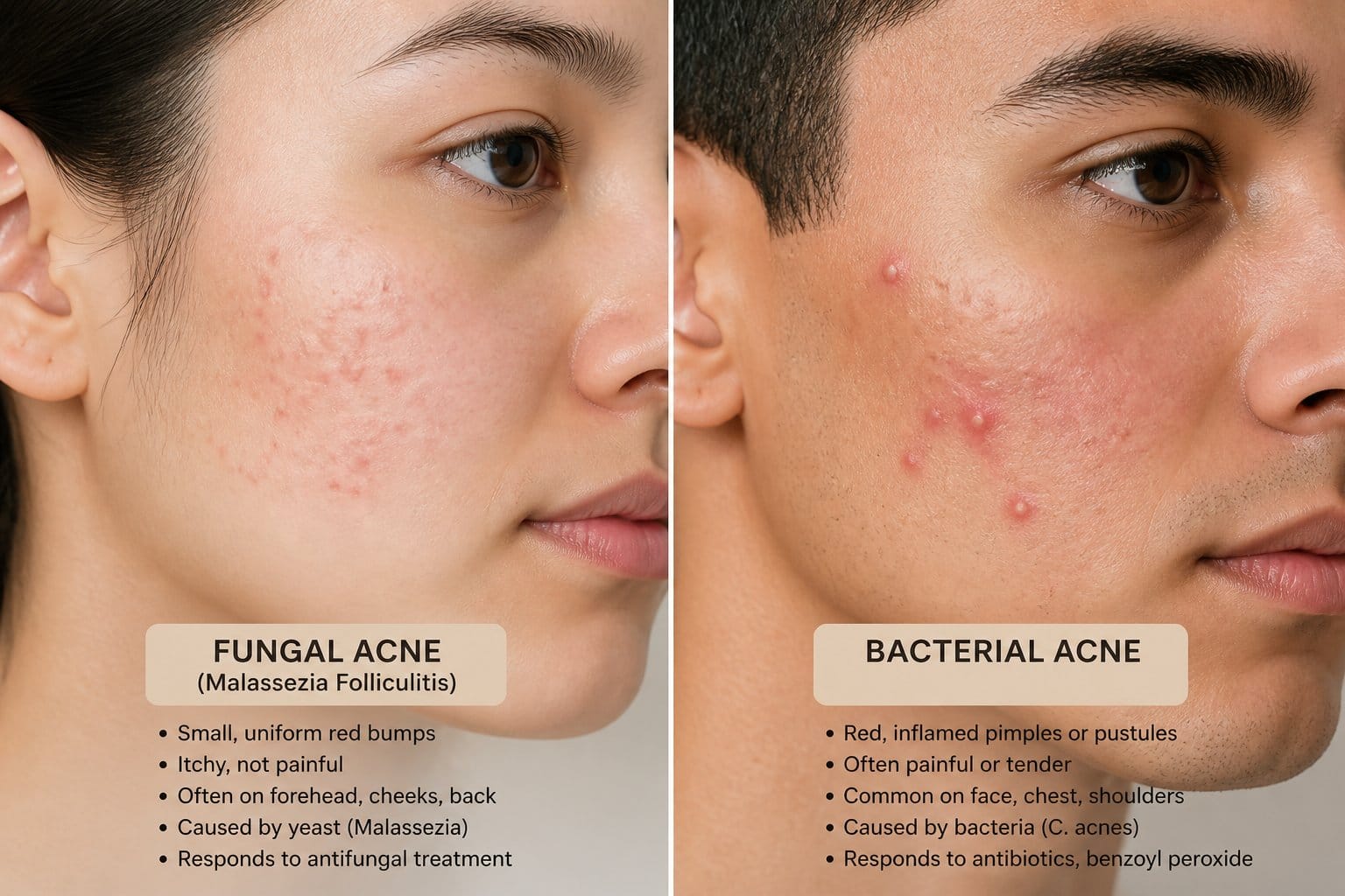 Close-up of two young adults showing different types of acne on their faces, highlighting fungal acne on one side and bacterial acne on the other.