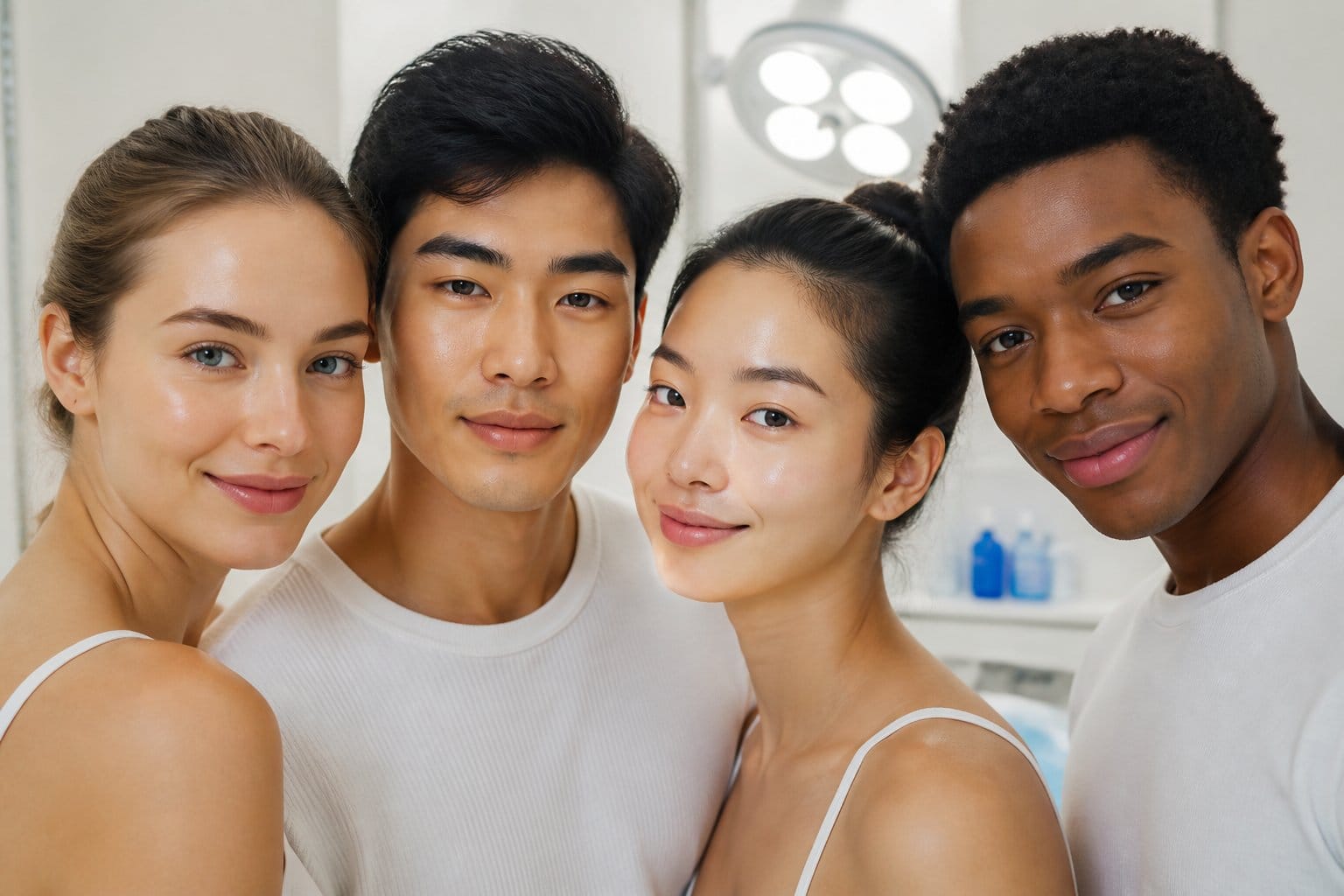 Close-up of diverse young adults with clear skin in a clinical setting, focusing on their healthy facial skin.