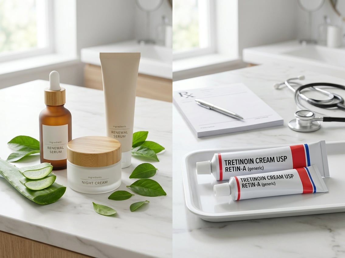Side-by-side display of over-the-counter retinol skincare products with natural ingredients and prescription tretinoin products with medical items on a clean countertop.