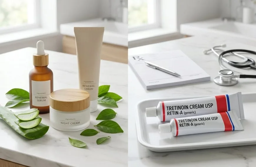 Side-by-side display of over-the-counter retinol skincare products with natural ingredients and prescription tretinoin products with medical items on a clean countertop.