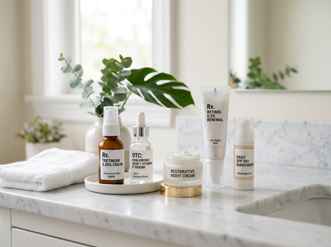 A skincare setup with various bottles and jars arranged on a white marble countertop, accompanied by green leaves and a white towel.