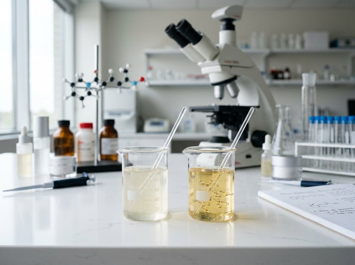 Two glass beakers with different clear serums on a white surface in a dermatology lab setting with scientific equipment in the background.