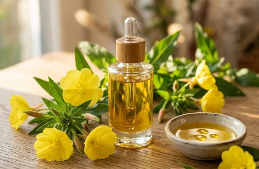 Close-up of a glass dropper bottle with golden evening primrose oil surrounded by yellow evening primrose flowers and green leaves on a wooden surface.