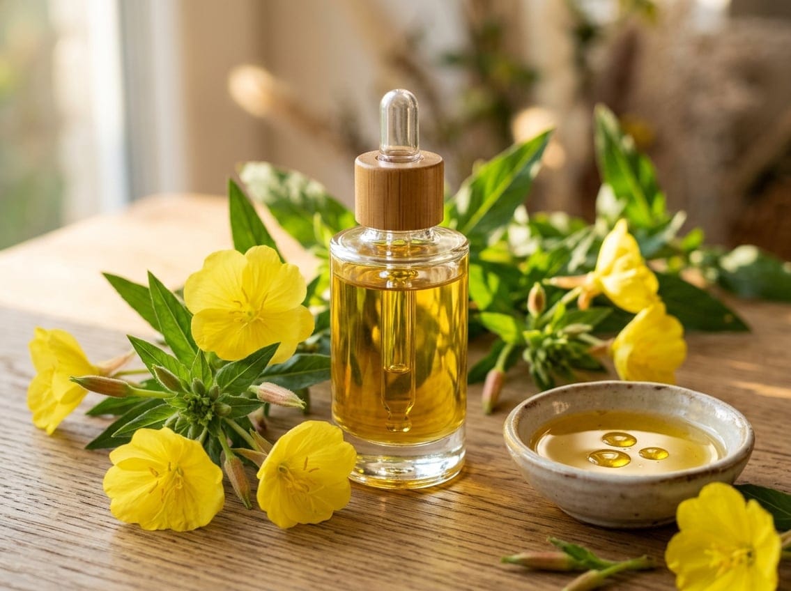 Close-up of a glass dropper bottle with golden evening primrose oil surrounded by yellow evening primrose flowers and green leaves on a wooden surface.