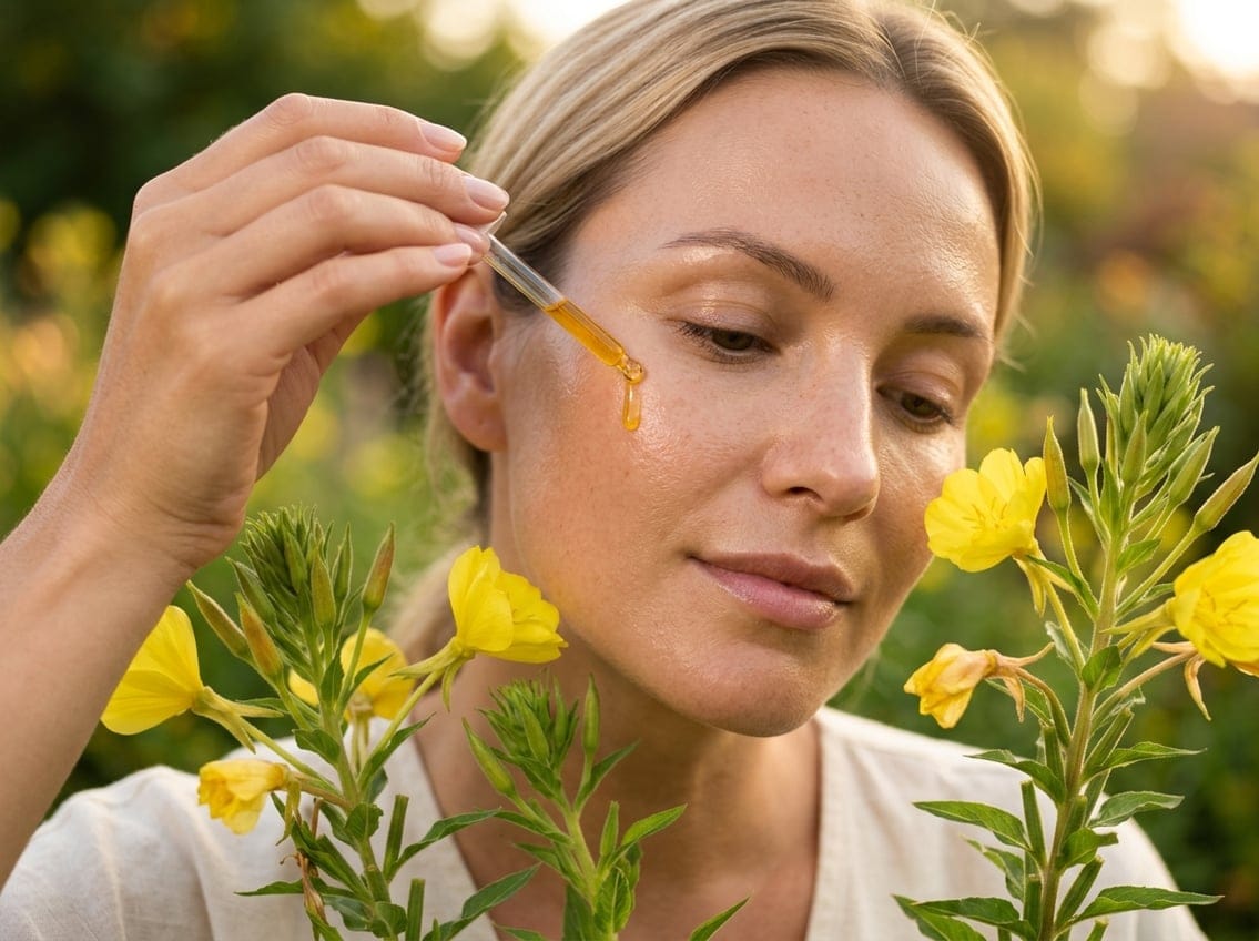 Close-up of a dropper applying golden oil onto a person's smooth facial skin with yellow evening primrose flowers nearby.