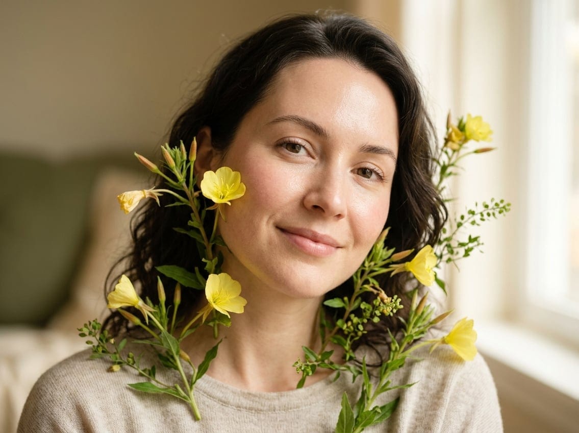 Close-up of a woman’s face with clear, hydrated skin surrounded by evening primrose flowers and green leaves.