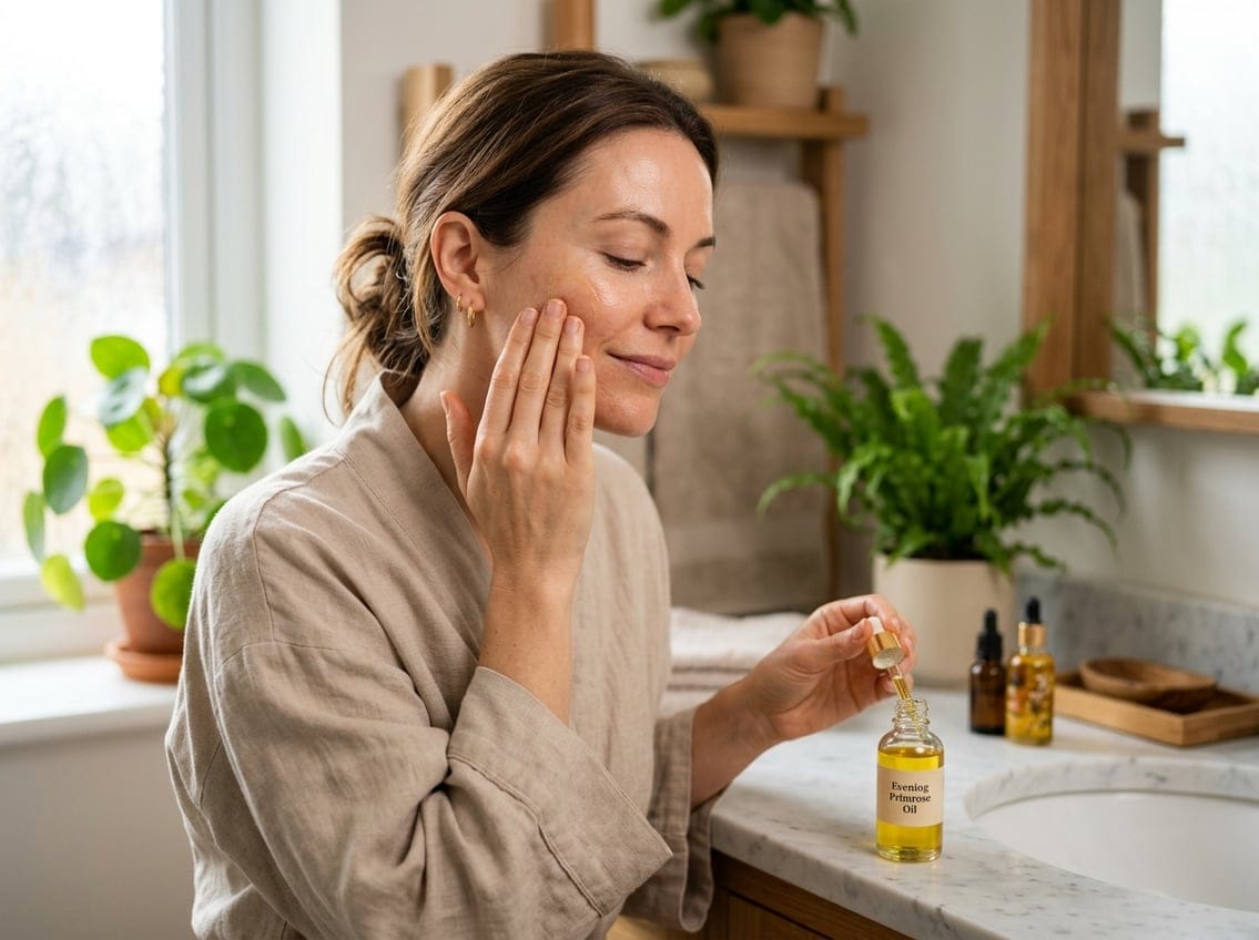A woman gently applying oil to her face in a bright bathroom with plants and bottles of botanical oils nearby.