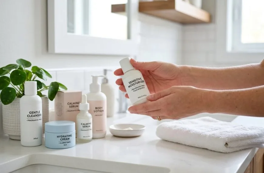 Hands holding a fragrance-free skincare bottle on a bathroom countertop with skincare products, a plant, and a towel nearby.