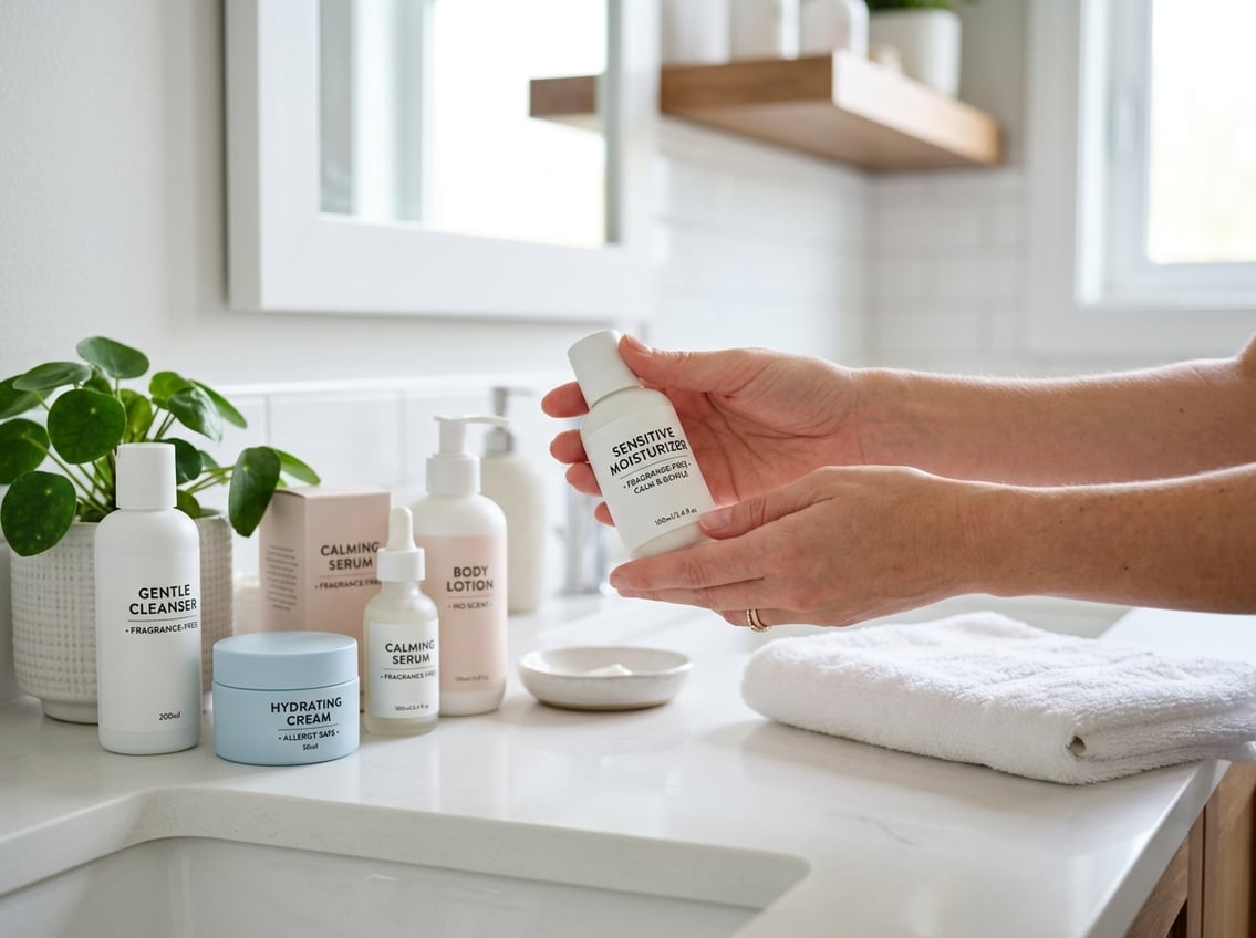 Hands holding a fragrance-free skincare bottle on a bathroom countertop with skincare products, a plant, and a towel nearby.