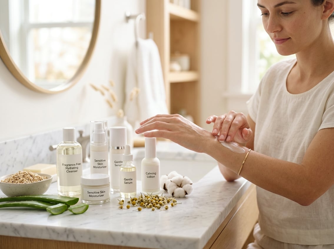 Hands applying lotion on forearm next to fragrance-free skincare bottles and natural soothing ingredients on a white countertop.