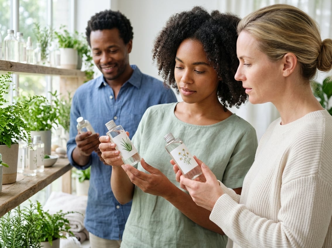 People with sensitive skin examining fragrance-free skincare products in a bright, clean setting with natural ingredients and plants.