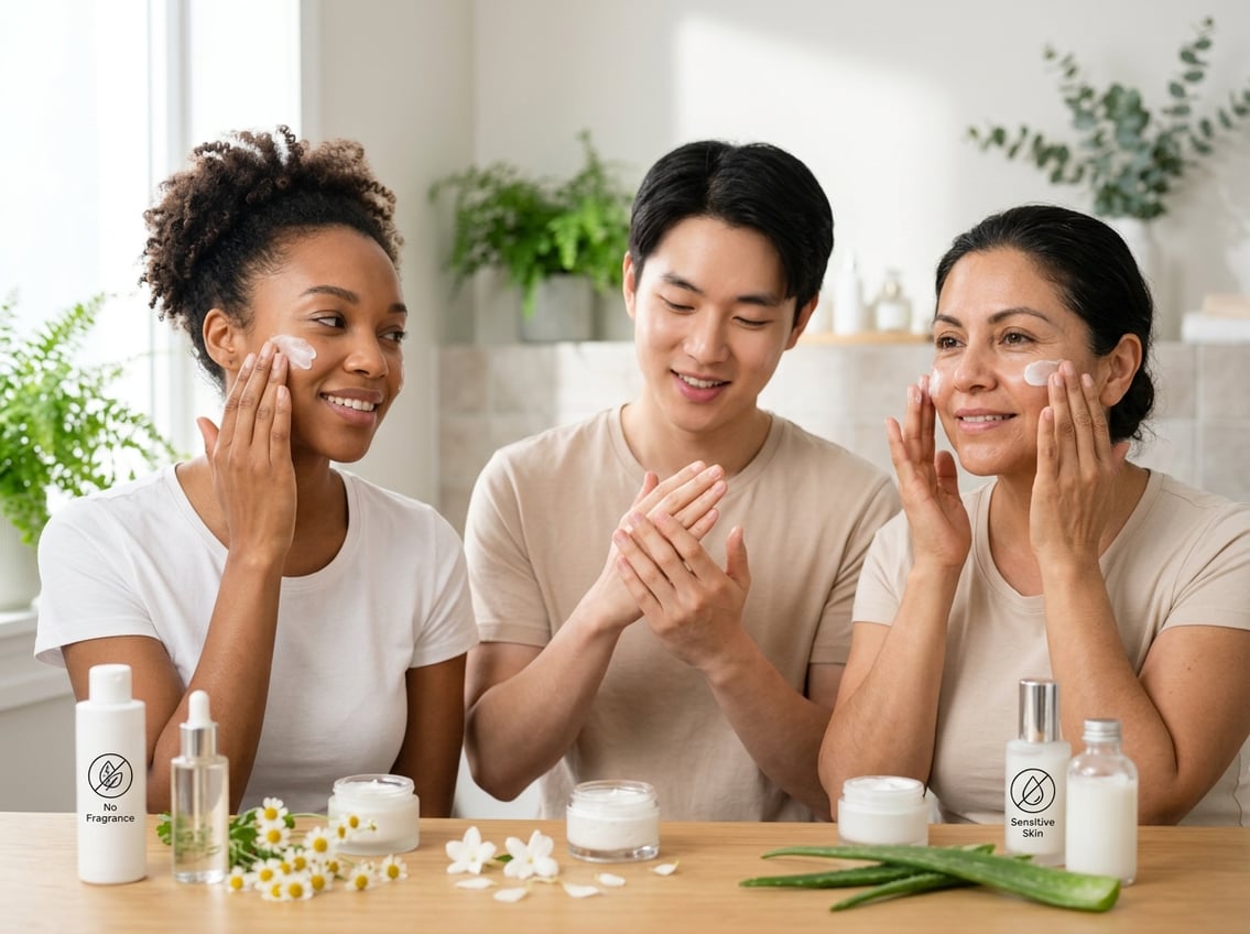 People with clear skin gently applying fragrance-free moisturizer in a bright, clean setting surrounded by natural skincare elements.