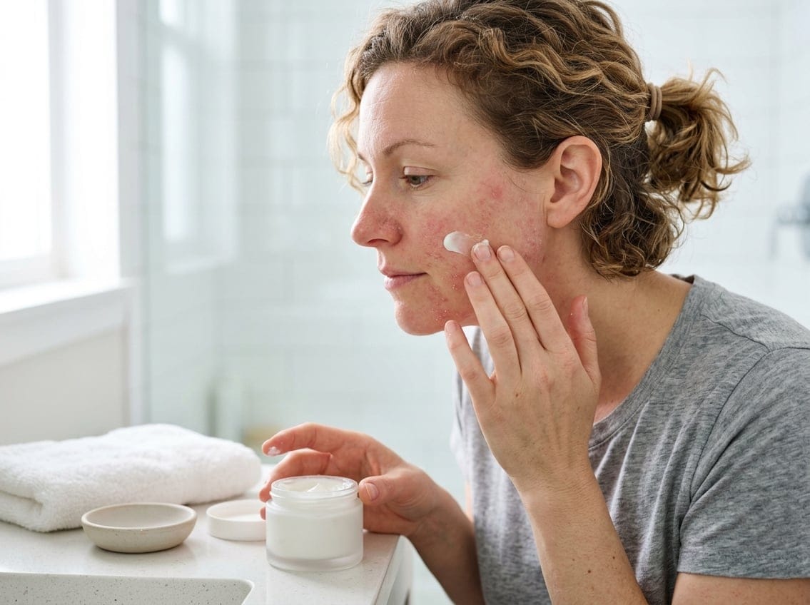Adult applying gentle face cream to dry, reddened eczema-prone skin in a clean bathroom.
