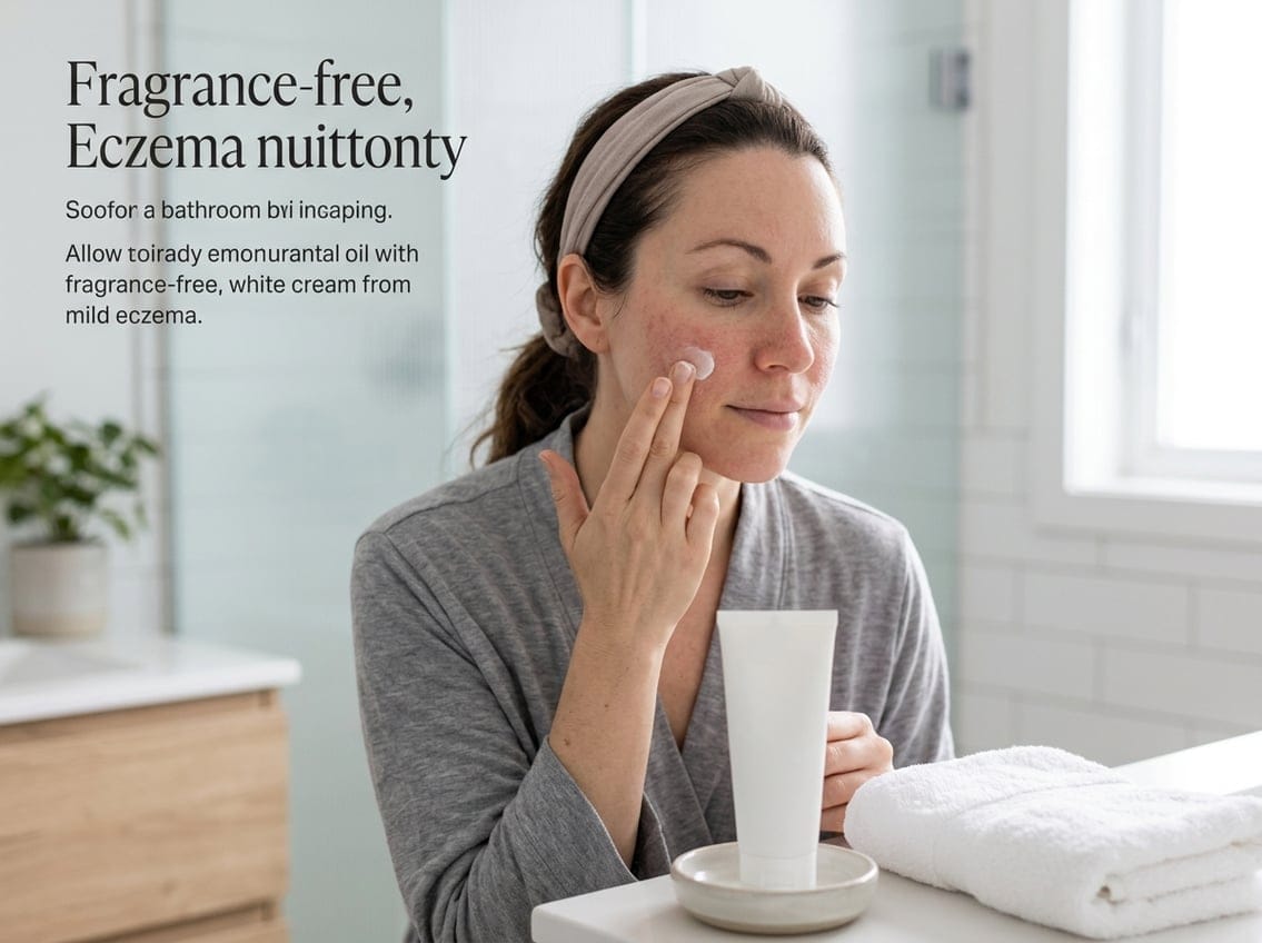 Woman gently applying moisturizer to mild dry, red patches on her face in a bright bathroom.