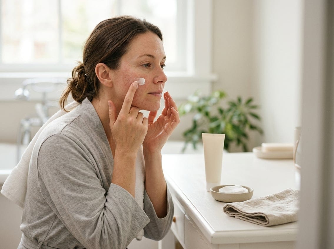 Person gently applying moisturizer to dry, irritated facial skin beside a simple skincare arrangement.