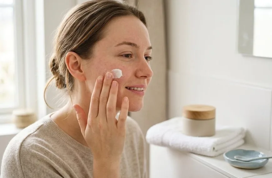 Person with dry, sensitive facial skin gently applying moisturizer to their cheek beside an unbranded cream container.
