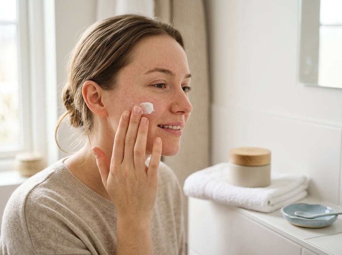 Person with dry, sensitive facial skin gently applying moisturizer to their cheek beside an unbranded cream container.